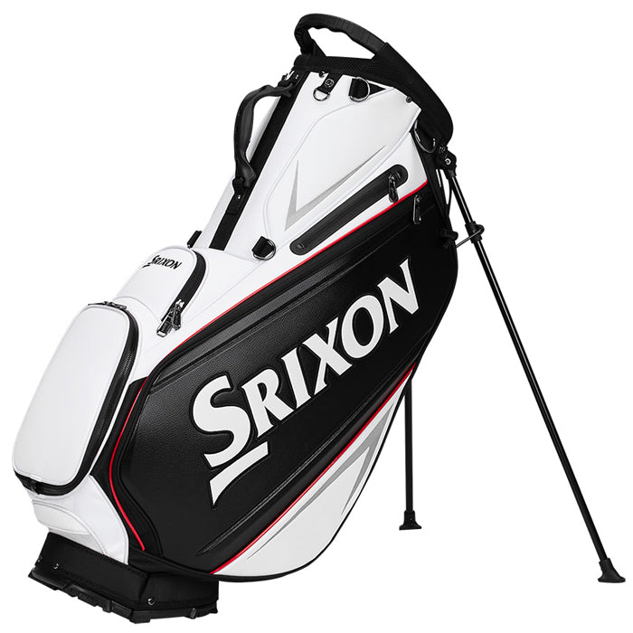 Srixon golf bag with black and white design, red accents.