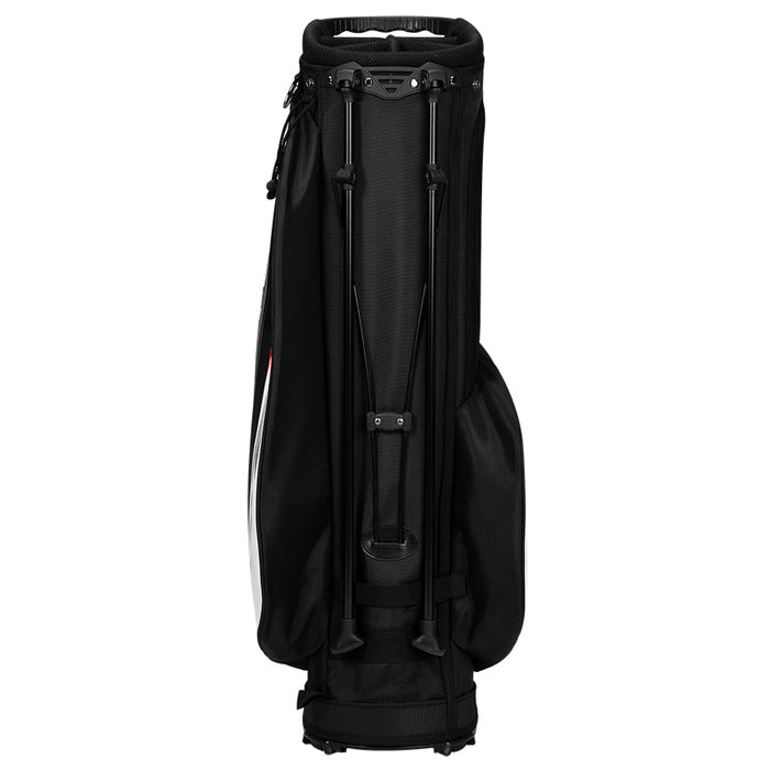 Black golf bag with strap and pockets, likely made of nylon or polyester material.