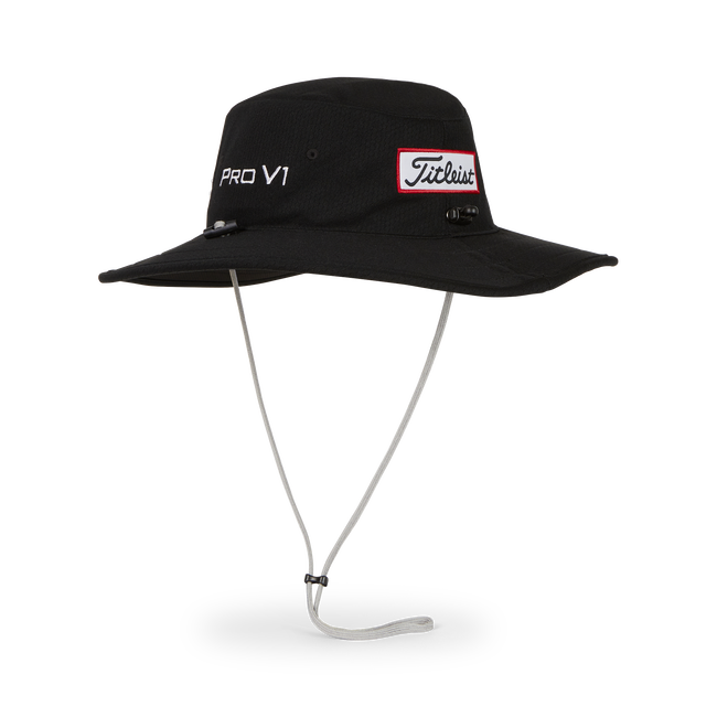 Black titleist golf bucket hat with white logo and strap.