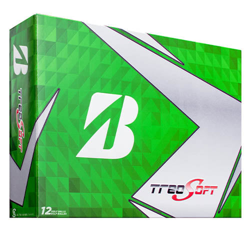 Bridgestone treds soft golf balls in a green and white box.