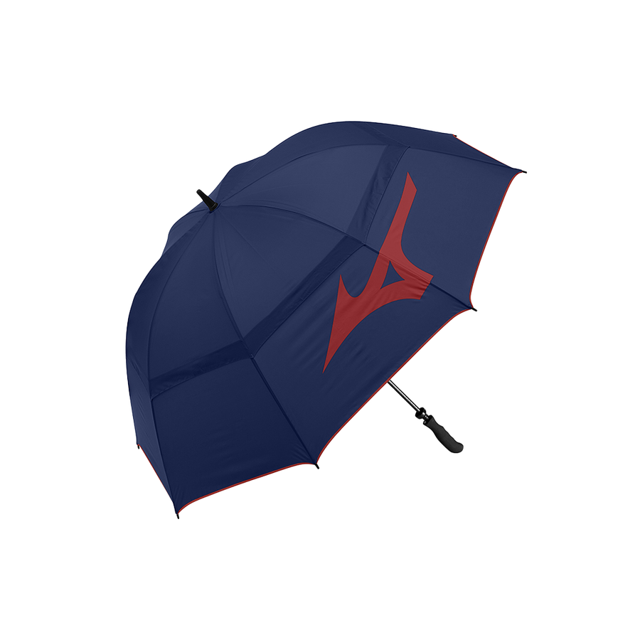 Navy blue golf umbrella with red logo, metal handle and black accents.
