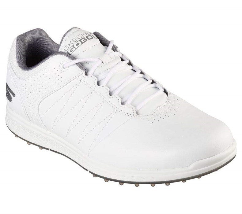 White leather skechers go golf shoe with perforated toe and textured sole design.