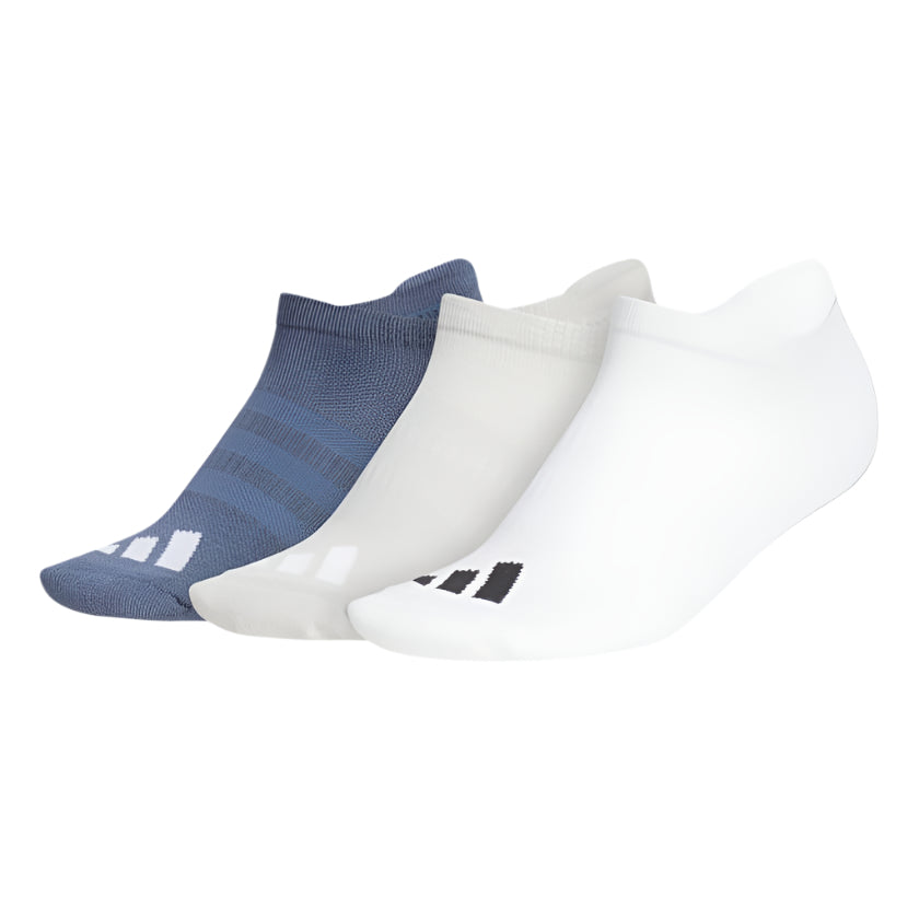 Adidas low-cut socks in navy and white with three pairs per pack.