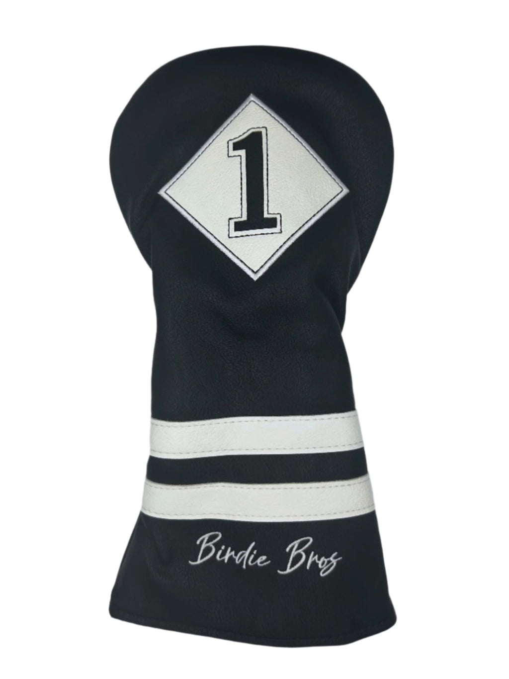 Black and white golf club head cover with ’birdie bros’ branding.