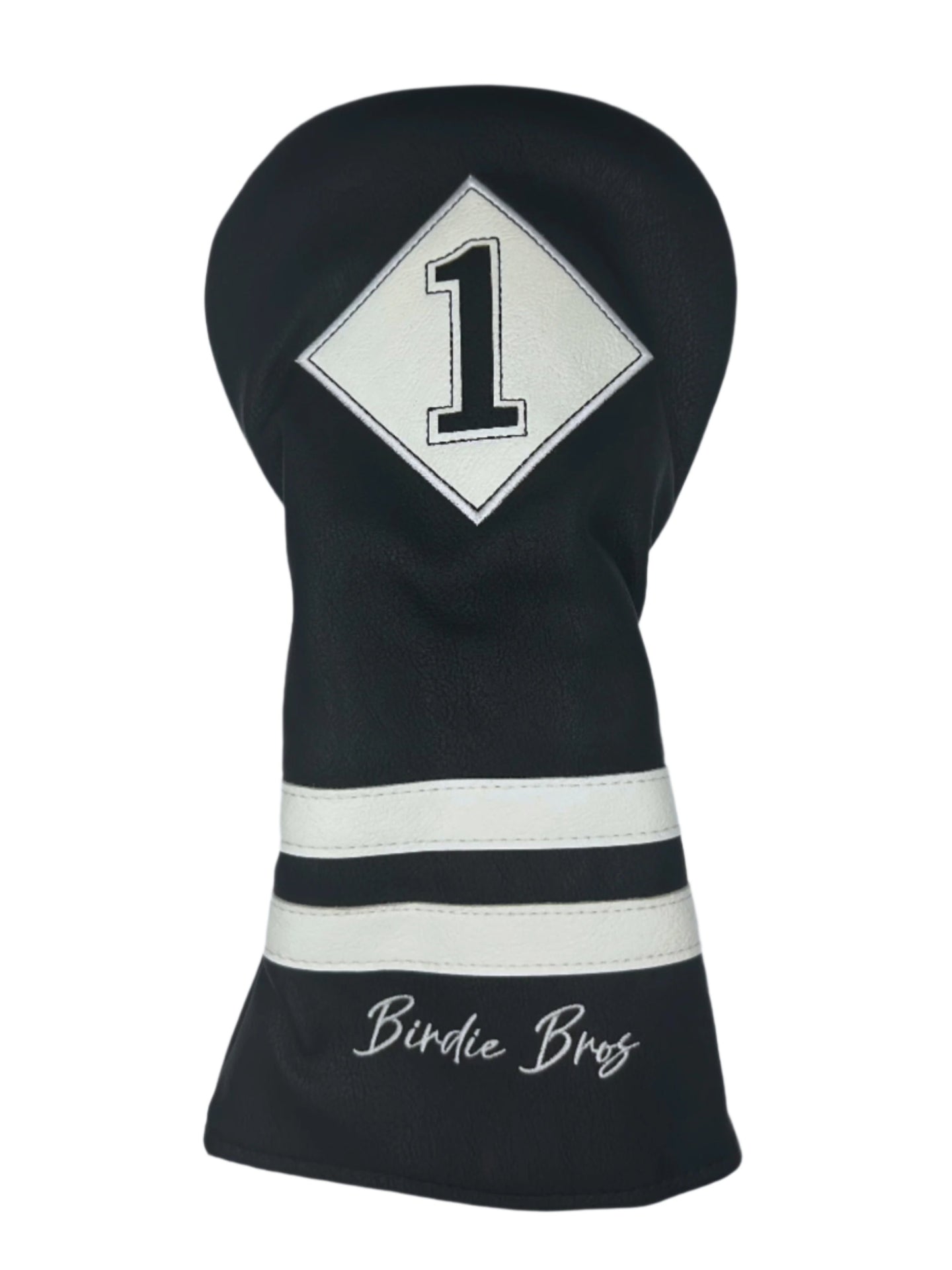 Black and white golf club head cover with ’birdie bros’ branding.
