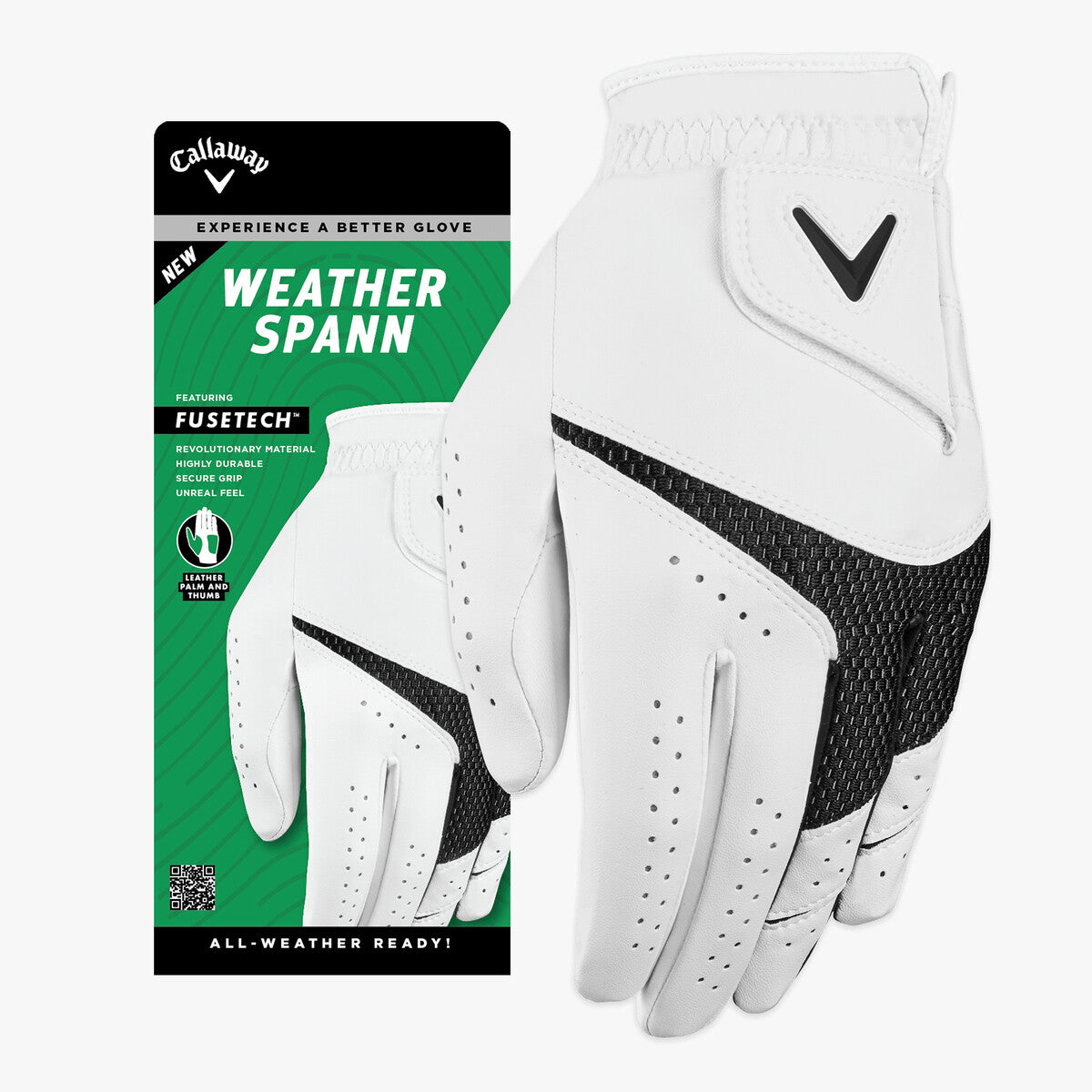 Callaway weather spann golf glove, white and black with perforated design for breathability.