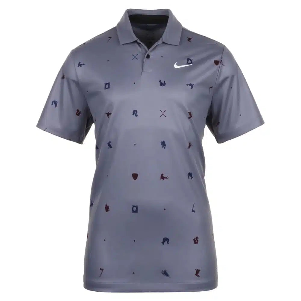 Nike golf polo shirt with small, repeating pattern of sports equipment in dark gray and black.