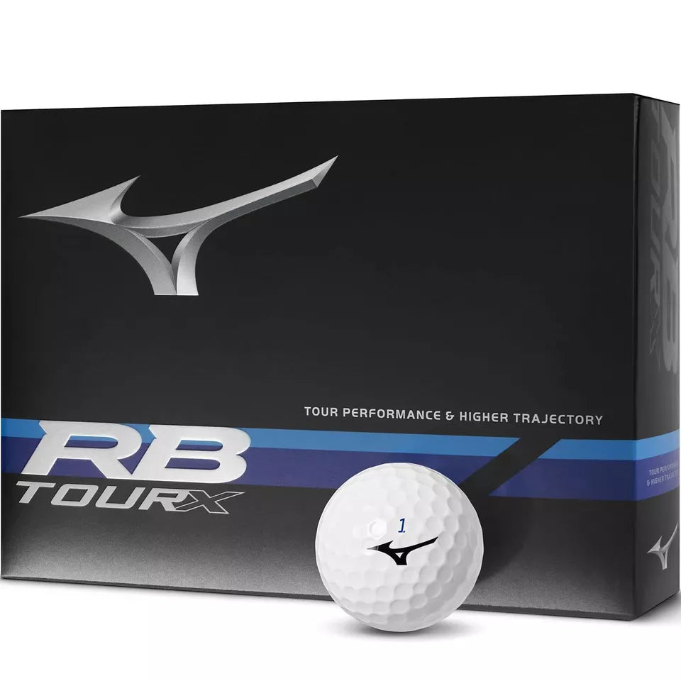 White mizuno rb tour x golf ball with blue and silver accents.
