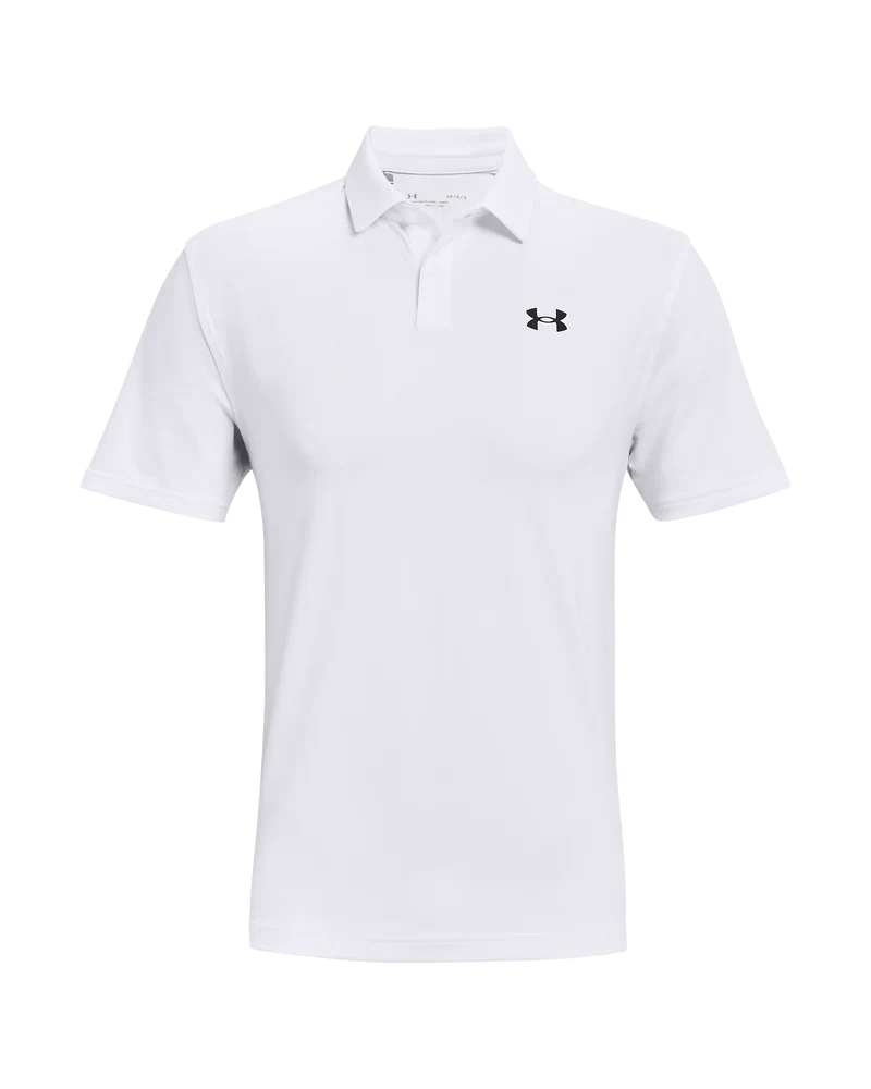 White under armour polo shirt with black logo and collar details.