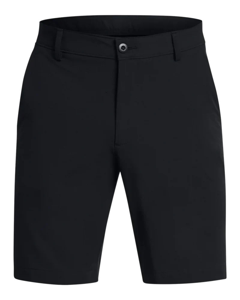 Black golf shorts with a button fly and belt loops.