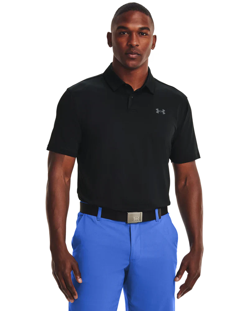 Black under armour polo shirt with blue pants and white logo on chest.