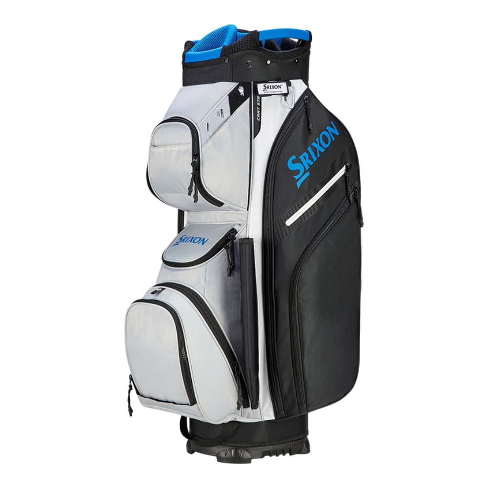Srixon golf bag with black and white panels, blue accents.