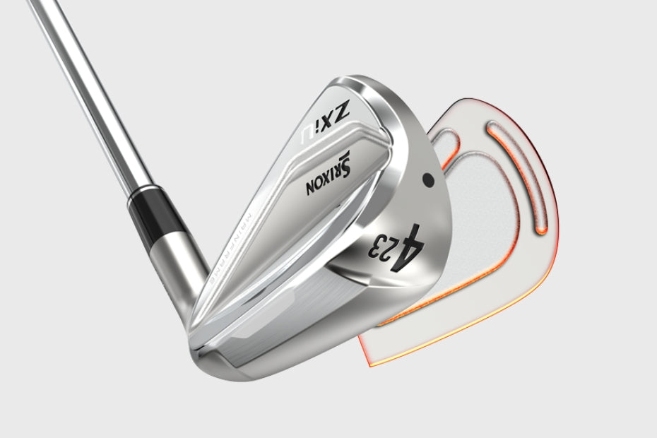 Silver golf iron with black grip and orange accents, featuring ’423’’ on the head.
