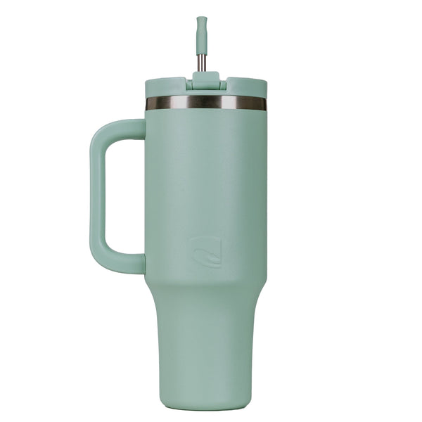 Mint green stainless steel tumbler with handle and straw lid.